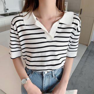 Short-sleeve Polo Neck Striped Knit Top