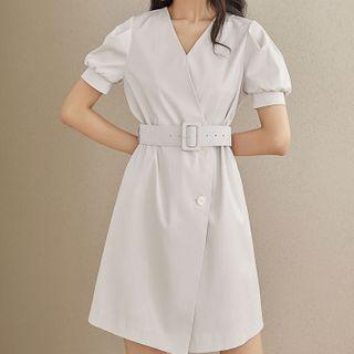 Short-sleeve Plain Tie-waist Dress
