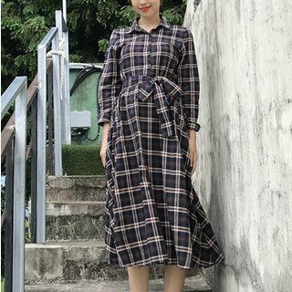 Long-sleeve Tie-waist Plaid Midi A-line Shirtdress