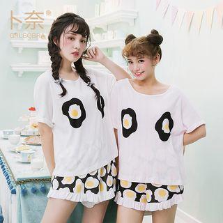 Loungewear Set: Fried Egg Print Short-sleeve T-shirt + Shorts