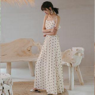 Dotted Open-back Ribbon Sundress Brown Dotted - White - M