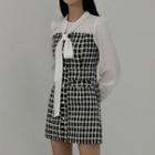 Tie-neck Contrast-panel Tweed Dress