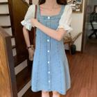 Lace-panel Sleeve High-waist Denim Dress