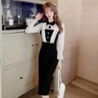 Long-sleeve Dotted Mesh Faux Pearl Midi Sheath Shirtdress