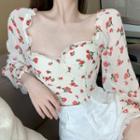 Long-sleeve Floral Ruffled Cropped Blouse As Shown In Figure - One Size