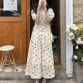 Puff-sleeve V-neck Floral Chiffon Maxi Dress