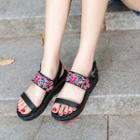 Embroidered Ankle Strap Platform Sandals