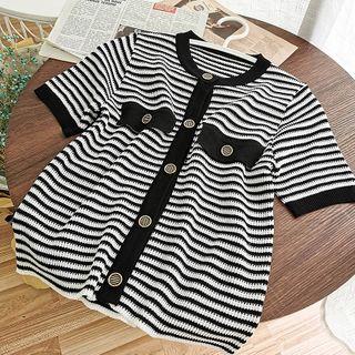 Striped Round-neck Knit Top Black - One Size