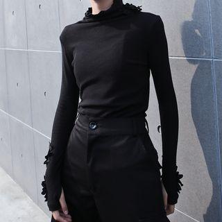 Flower Applique Mock-turtleneck Long-sleeve Top
