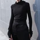 Flower Applique Mock-turtleneck Long-sleeve Top
