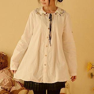 Embroidered Tie Neck Shirt