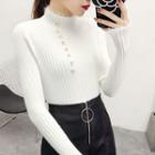 Long-sleeve Ribbed Button Knit Top