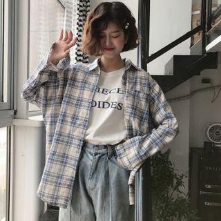 Plaid Shirt / Elbow-sleeve Lettering T-shirt