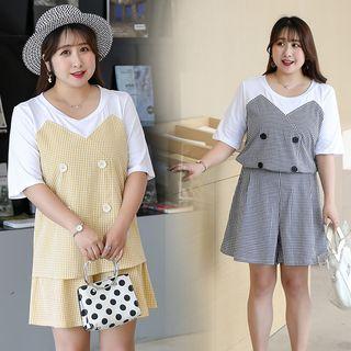 Set: Mock Two-piece Short-sleeve T-shirt + Checked Shorts