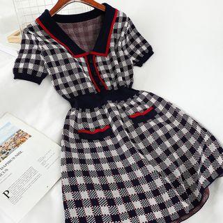 Check Short-sleeve Midi A-line Dress Navy Blue - One Size