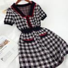 Check Short-sleeve Midi A-line Dress Navy Blue - One Size