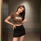 Short-sleeve Lettering T-shirt / Distressed A-line Denim Skirt