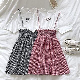 Mock Two-piece Lettering Printed Short-sleeve T-shirt Panel Plaid Dress