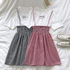 Mock Two-piece Lettering Printed Short-sleeve T-shirt Panel Plaid Dress