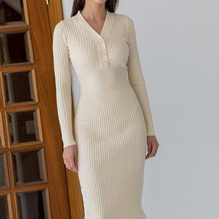 V-neck Rib-knit Midi Bodycon Dress