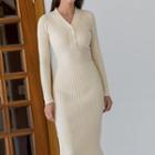 V-neck Rib-knit Midi Bodycon Dress