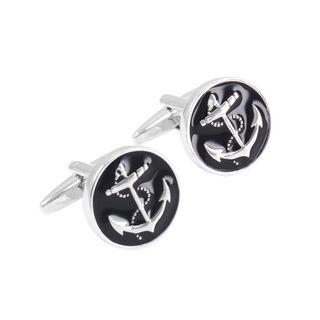 Fashion Simple Anchor Geometric Black Round Cufflinks Silver - One Size