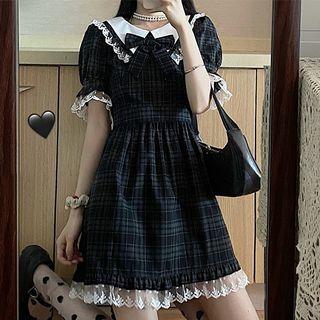 Puff-sleeve Lace Trim Plaid A-line Dress