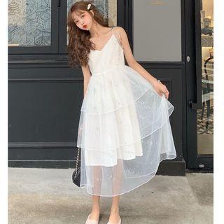 Spaghetti-strap Sequin Tiered Midi Mesh Dress