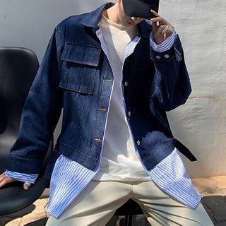 Long-sleeve Striped Trim Denim Shirt