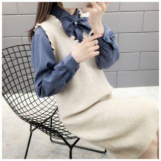 Set: Sleeveless Knit Dress + Puff Sleeve Shirt