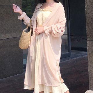 Flower Embroidered Long Chiffon Coat