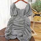 Plaid Puff-sleeve Drawstring Dress