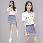Short-sleeve Pineapple Applique T-shirt / Frayed Hem Ripped A-line Mini Denim Skirt / Set