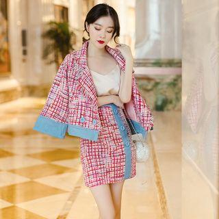 Set: Contrast-trim Plaid Tweed Jacket + Tweed Mini Skirt