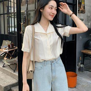 Notched-lapel Shirred-trim Blouse Cream - One Size