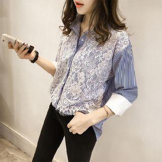 Lace Panel Pinstriped Shirt