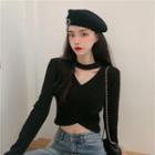 Choker-neck Cutout-back Cropped Knit Top