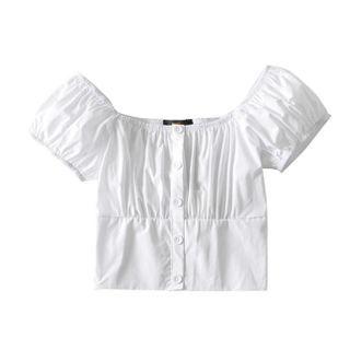 Button-up Puff-sleeve Cropped Blouse