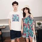 Couple Matching Floral Print Short-sleeve T-shirt / Cutout Shoulder Dress