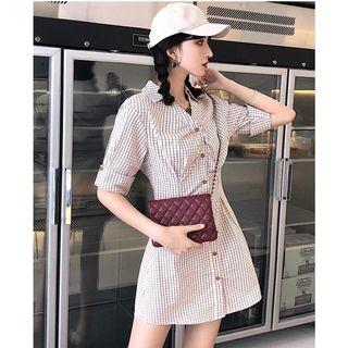 Pinstriped Elbow-sleeve Shirt Dress Check - White - One Size