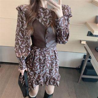 Long-sleeve Floral Print A-line Dress / Spaghetti Strap Top
