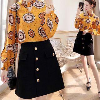 Set: Long-sleeve Patterned Top + A-line Mini Skirt