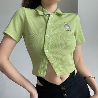 Short-sleeve Bear Embroidered Asymmetrical Crop Shirt