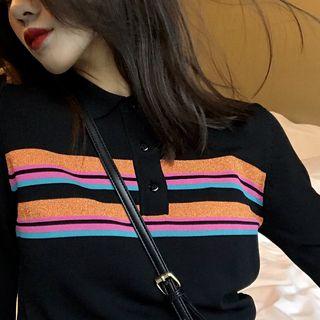 Color-block Long-sleeve Loose-fit Knit Top As Figure - One Size
