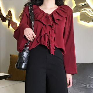 V-neck Ruffle Blouse / Wide-leg Pants