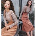 Stripe Long-sleeve T-shirt / Suspender Midi Skirt