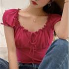 Plain Puff-sleeve Cropped Blouse Rose Pink - One Size