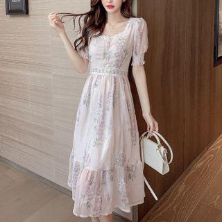 Short Sleeve Square Neck Floral Print Lace Panel A-line Dress