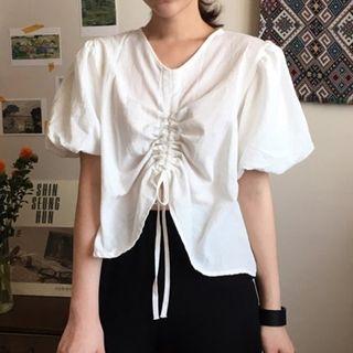 Drawstring Front V-neck Top