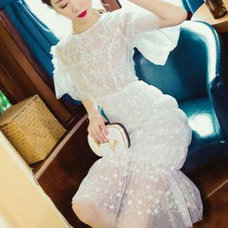 Embroidered Short-sleeve Mesh Sheath Dress
